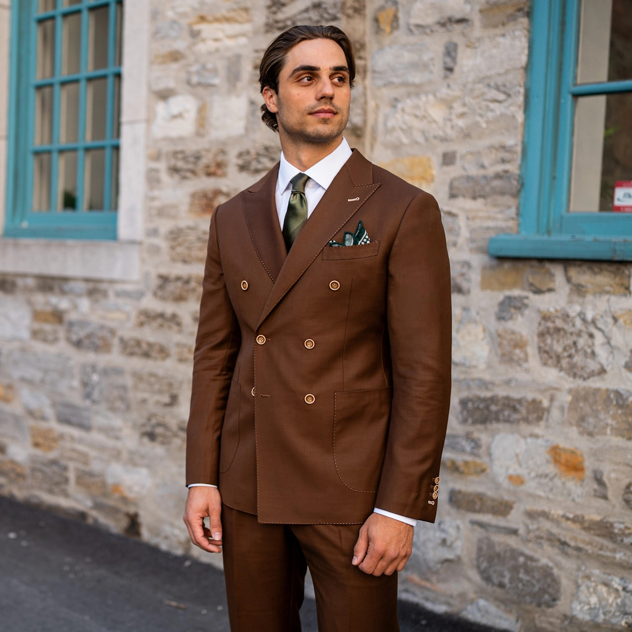 Brown double-breasted custom suit with peak lapels, patch pockets, and pick stitching, custom suits Laval, SUITABLEE