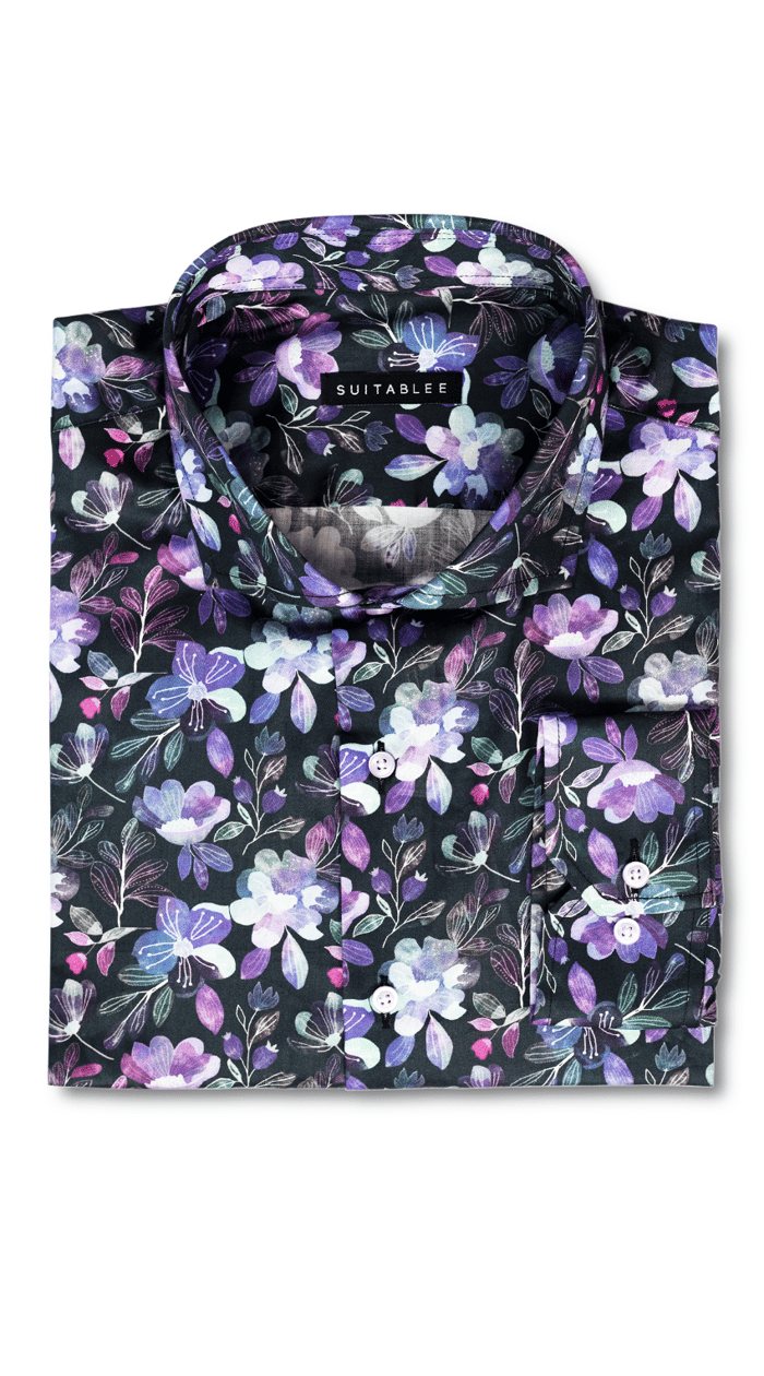 Chemise Habillée Noire à Floraux Violets