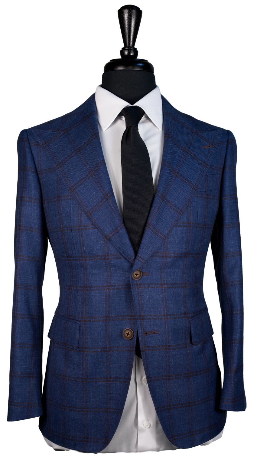 Blue with Brown Windowpane Wool Mix Suit
