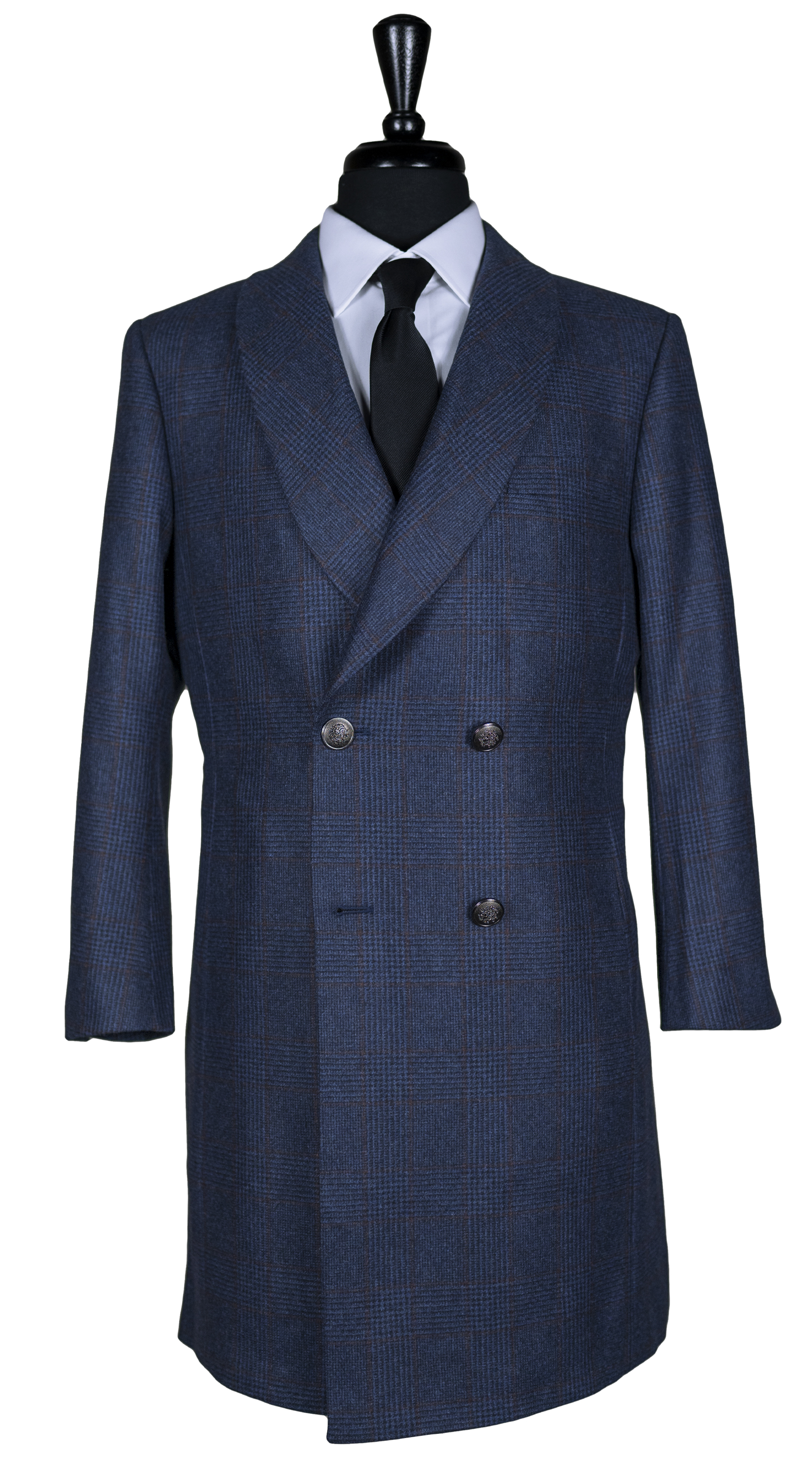 Navy Plaid Double-Breasted Overcoat