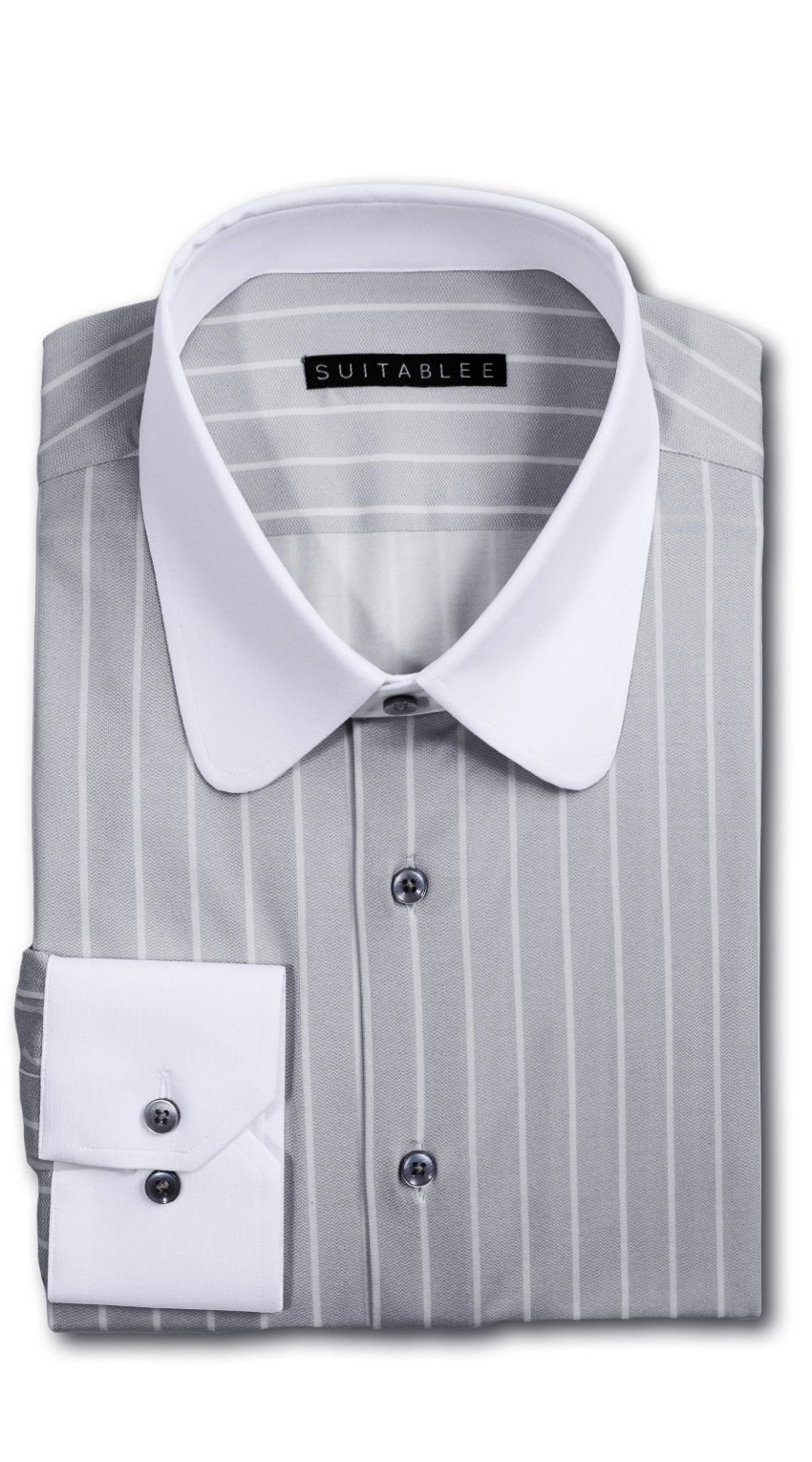 Grey Herringbone Pinstripe Dress Shirt