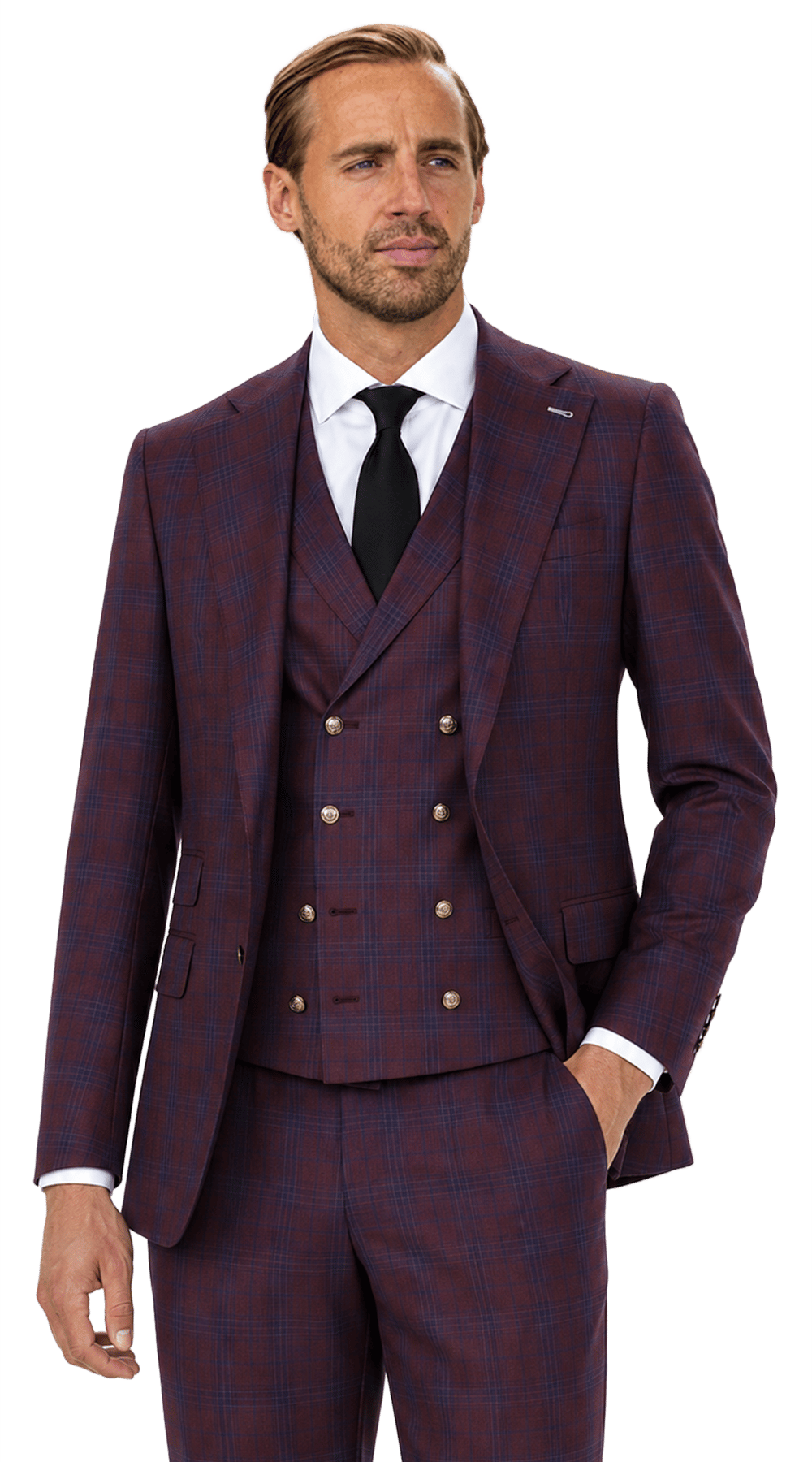 Plum Navy Plaid Three-Piece Suit Plum Navy Plaid Three-Piece Suit