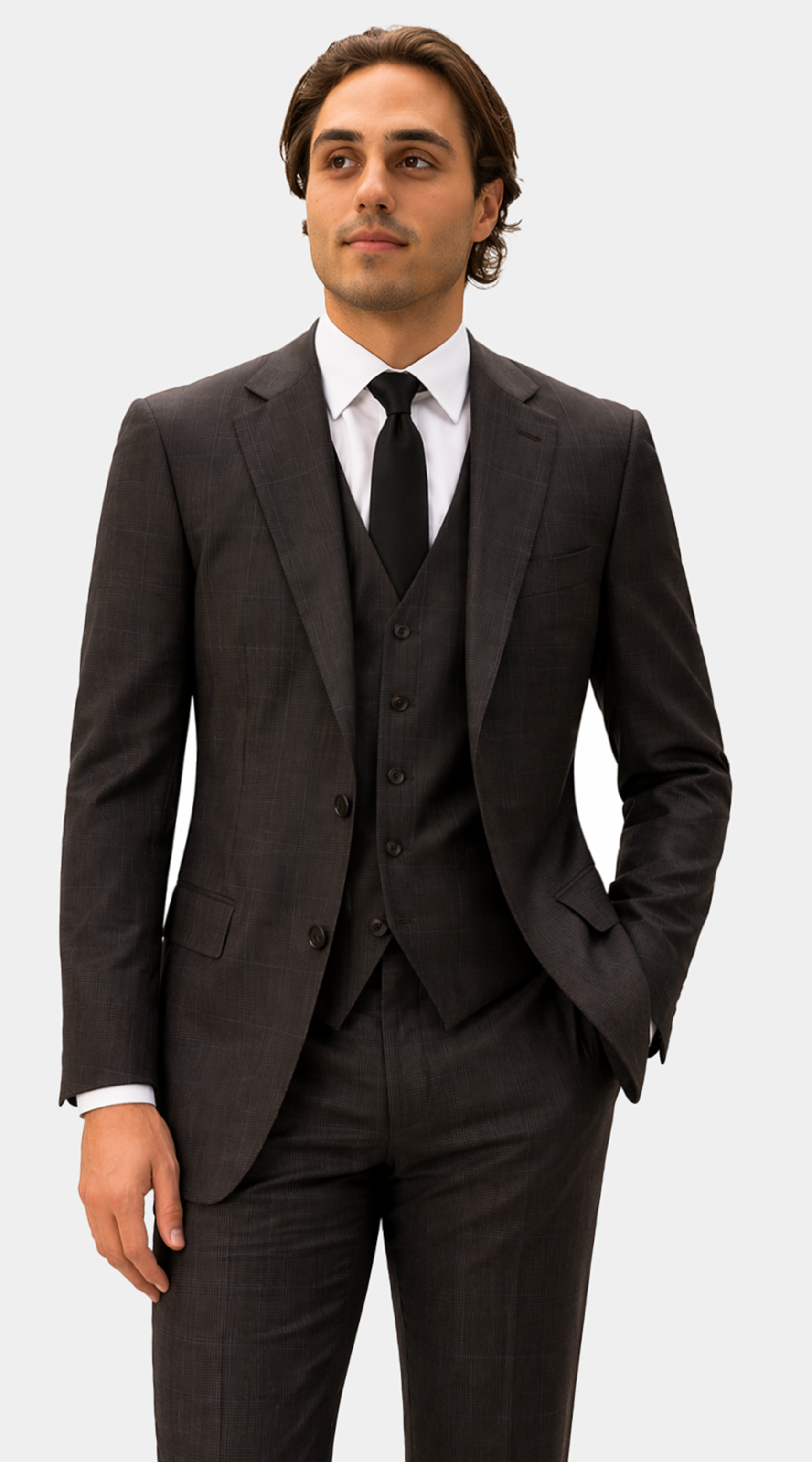 Brown Prince of Wales Wool Suit With Blue Overcheck