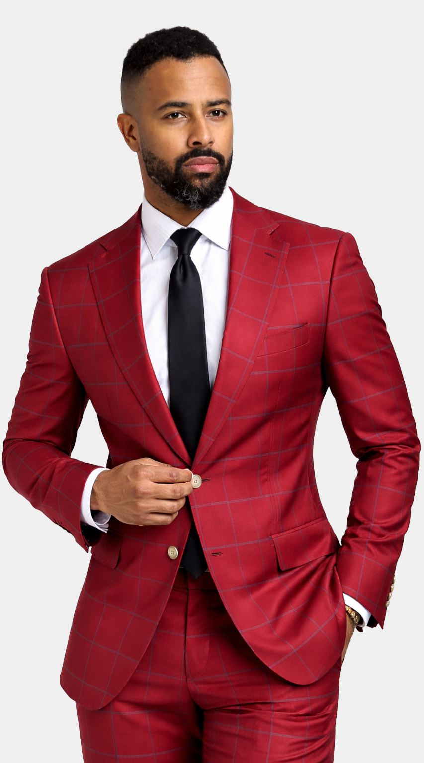 Crimson Red Windowpane Wool Suit