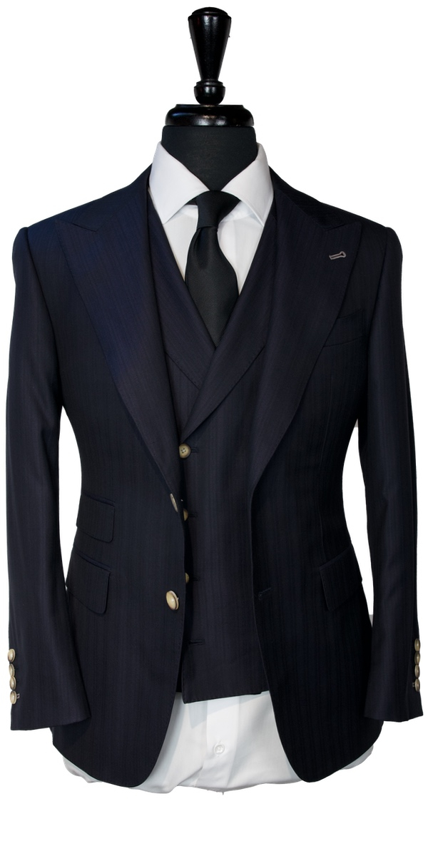 Midnight Blue Herringbone Striped Suit