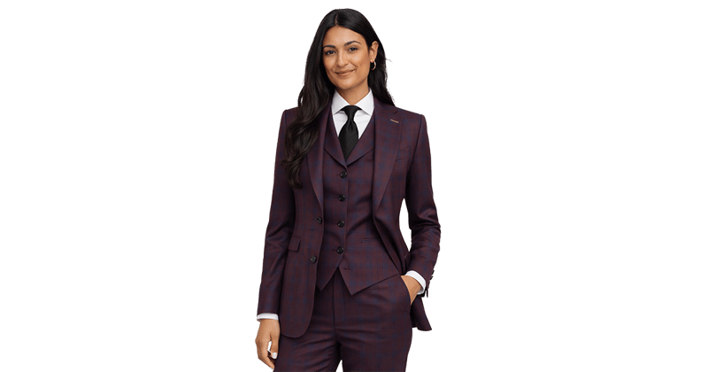 Women's Plum Navy Plaid Wool Suit 