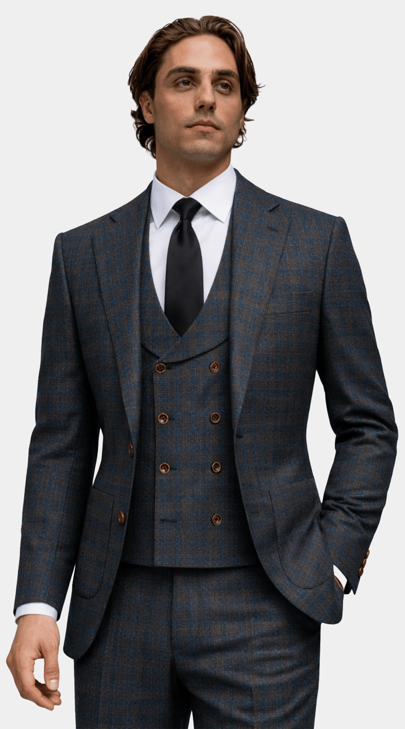 Complet Laine Carreaux Bleu Sarcelle Marron