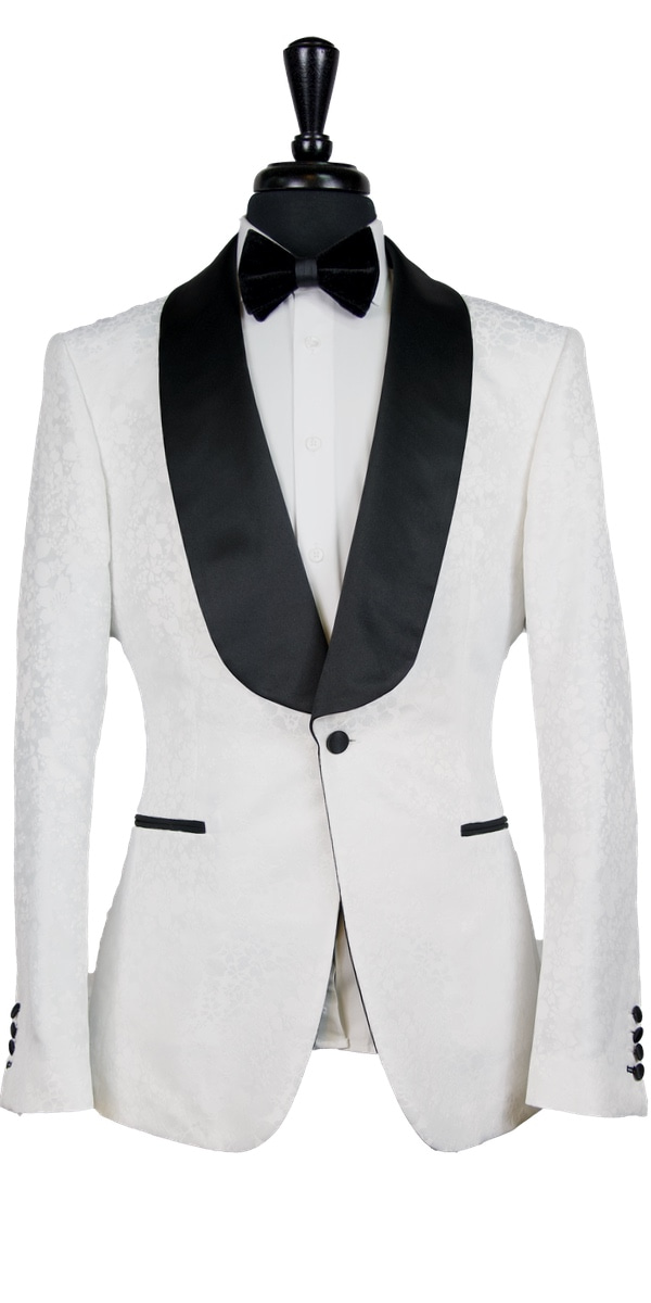 White Floral Jacquard with Black Satin Tux