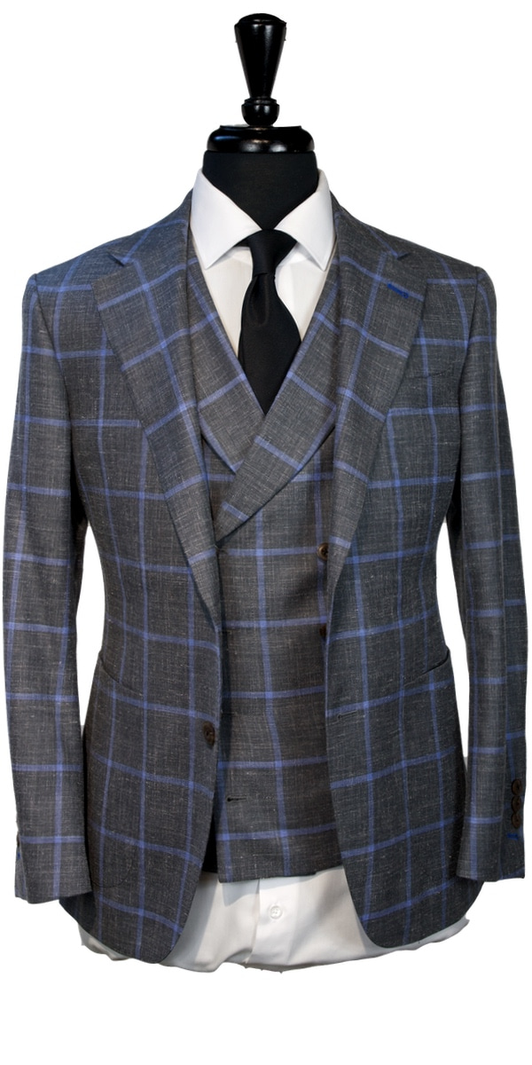 Grey with Baby Blue Windowpane Wool Mix Suit