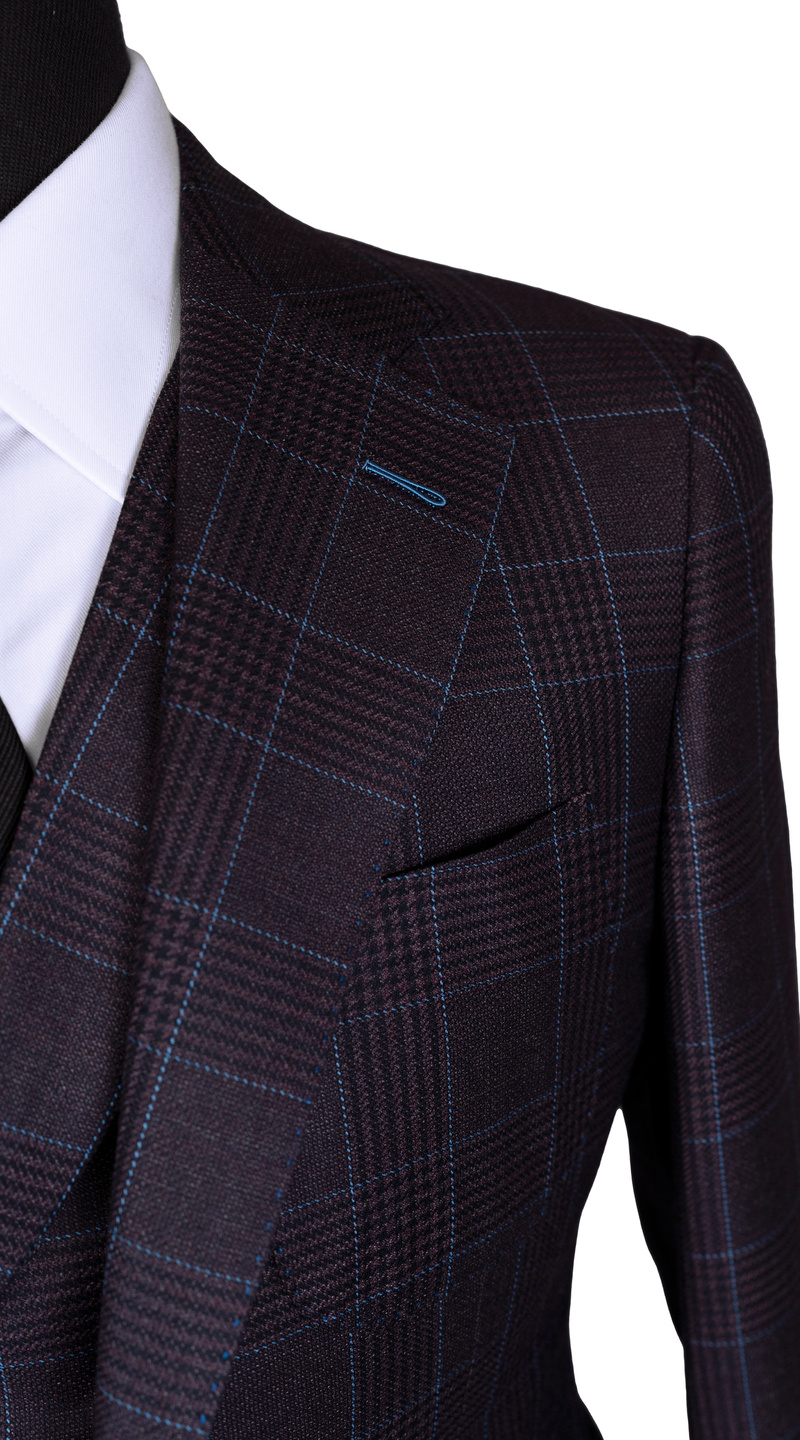 Complet Carreaux Violets avec Surpiqûres Bleues