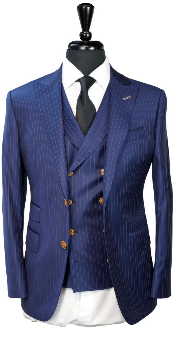 Navy Blue with Gold Pinstripe Wool Suit