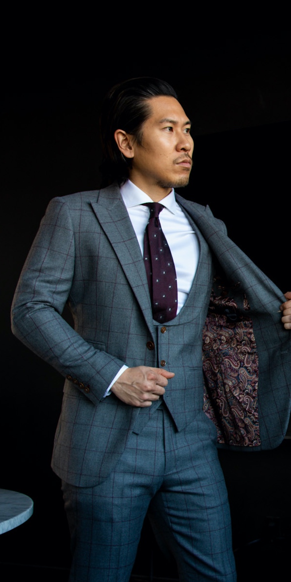 burgundy windowpane suit