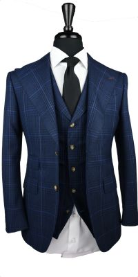 Textured Navy Blue Windowpane Wool Suit