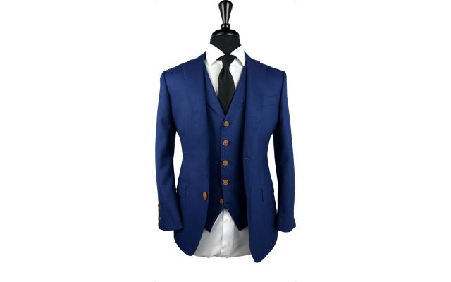 Textured Lapis Blue Check Wool Suit