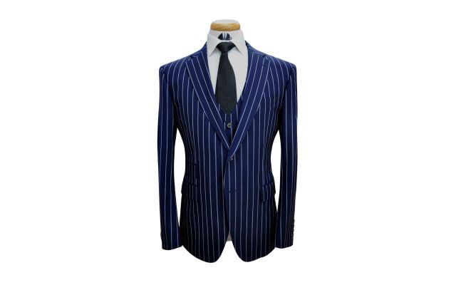 Navy Blue Large Pinstripe Wool Suit
