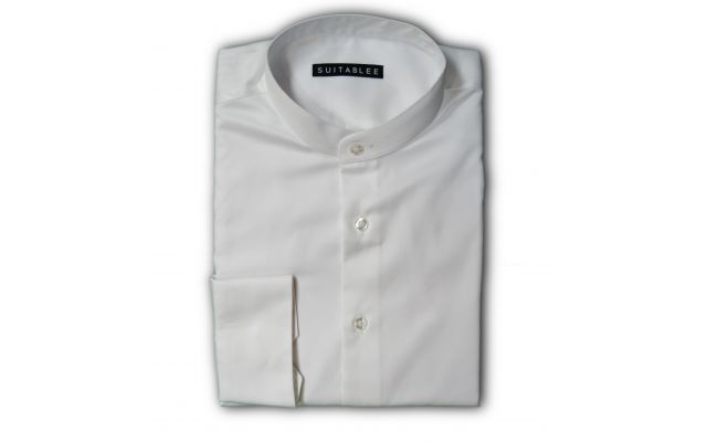  White Mandarin Collar Dress Shirt