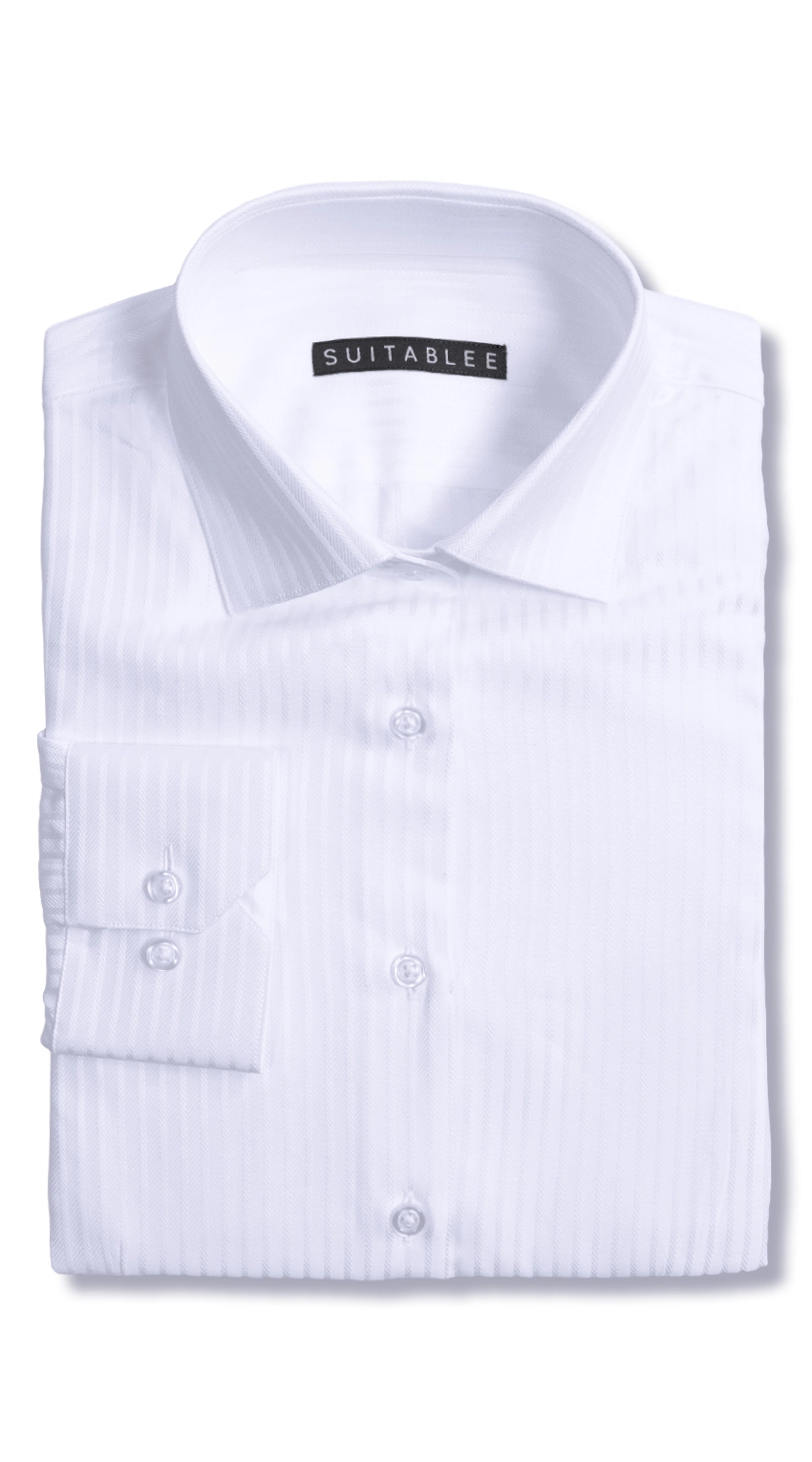 White Herringbone Stripe Dress Shirt