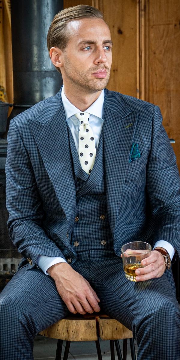 Navy Blue Brown Gingham Wool Suit