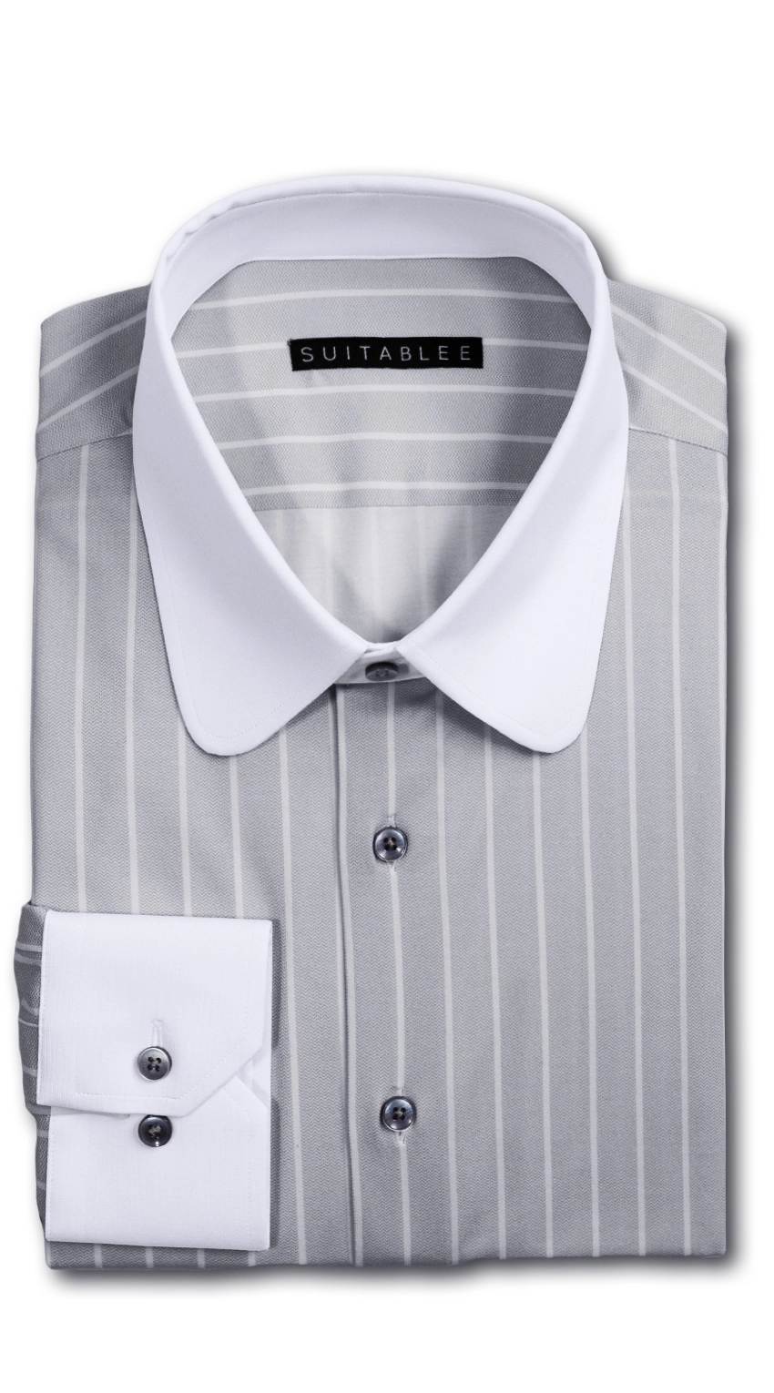 Grey Herringbone Pinstripe Dress Shirt