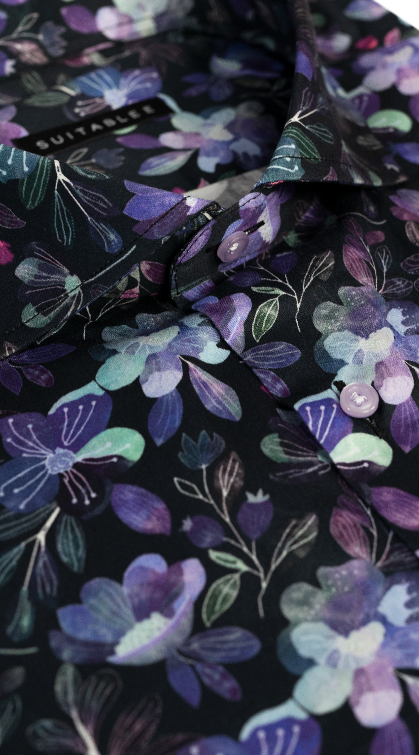 Chemise Habillée Noire à Floraux Violets